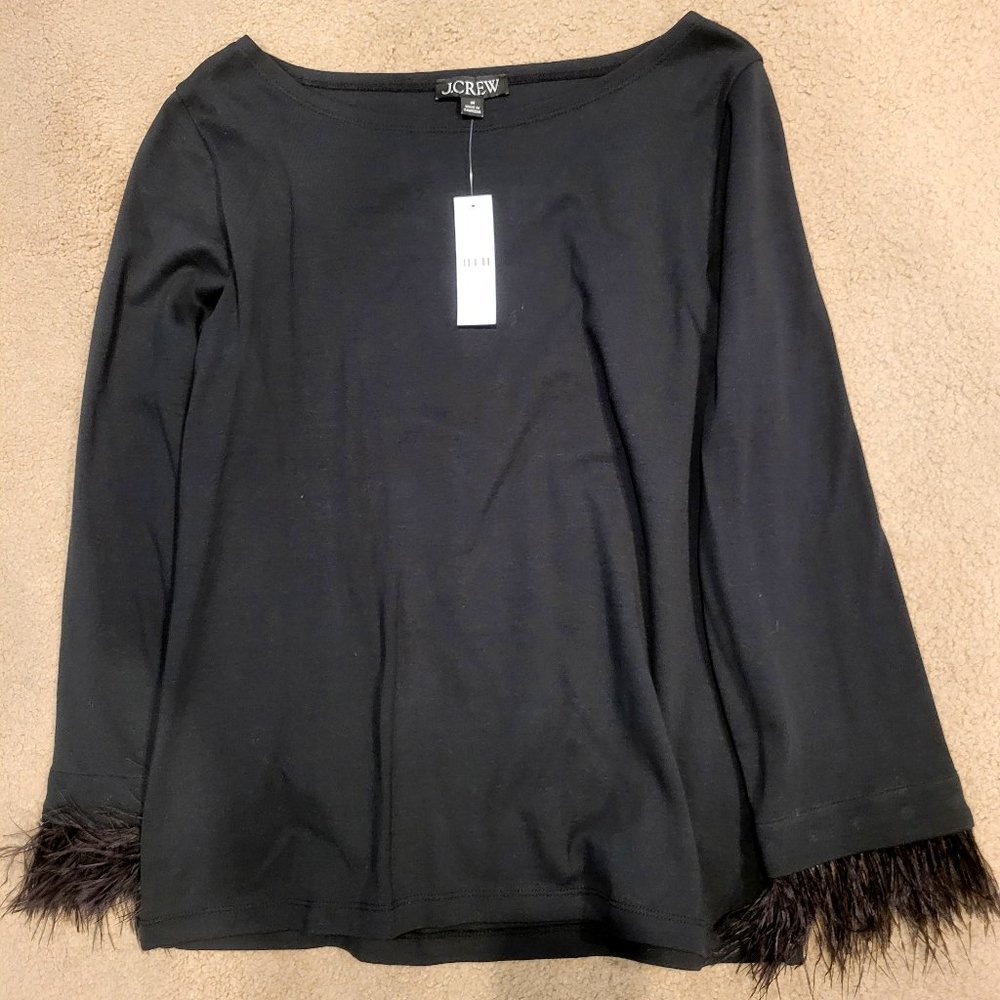 J Crew NWT Black Boatneck Feather Trim Sleeve Top M